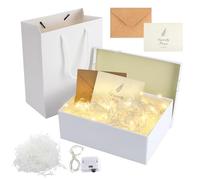 Coffret cadeau avec couvercle, 22,5 x 16 x 8,5 cm, boîte cadeau avec nœud, coffret cadeau avec raphia, cartes de vœux, lumière et sac de transport pour mariage, anniversaire, Noël