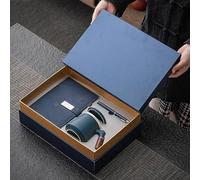 Coffret cadeau avec tasse à thé en céramique avec infuseur, carnet en cuir synthétique et stylo, 3 pièces (bleu)