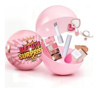 Coffret cadeau beauté de Noël rose sphérique - Rouge à lèvres, palette d'ombres à paupières, fard à joues, fond de teint et éponge de maquillage dans une boule décorative ornée d'un ruban (#8Pcs)