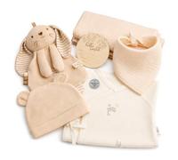 Coffret Cadeau Bébé 7 en 1 Jaune Mixte Idéal pour Naissance et Baby Shower | Coffret Naissance avec Drap d'Enveloppement Doudou Lapin Bavoir Bonnet Body Baleine Carte Jalons Bois Pièce Commémorative