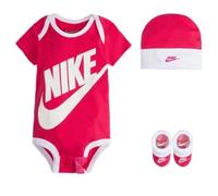 Coffret Cadeau Bébé Nike Fille Ensemble vêtement Body Bonnet et Chaussons Rose et Blanc et Swoosh Blanc de 0-6 mois