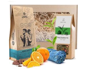Coffret Cadeau Bien-Être : Café Grain 100% Arabica Brazil Guaxupé 400g, Thé Vert Mary Rose Magic Strawberry 50g, Encens Sauge Blanche & Nag Champa - Set Relaxation Arômes et Saveurs Idée Cadeau