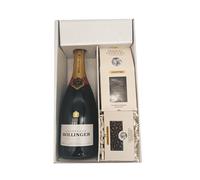 Coffret Cadeau blanc - Champagne Bollinger -1 Brut - Cacaotines (1x150g) et Raisins au sauternes (1x100g) MAISON GUINGUET