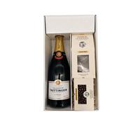 Coffret Cadeau blanc - Champagne Taittinger -1 Brut - Cacaotines (1x150g) et Raisins au sauternes (1x100g) MAISON GUINGUET