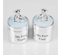 Coffret cadeau bleu plaqué argent « My First Tooth and My First Curl » avec oursons