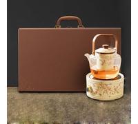 Coffret Cadeau Bouilloire éLectrique en CéRamique avec PoignéE, 5 Vitesses, Bouton Rotatif, Panneau Microcristallin, IdéAl pour La PréParation du Thé Au Coin du Feu Et Le Camping,Round