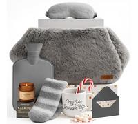 Coffret Cadeau Bouillote - Bouillotte eau Chaude Gris 1,5 L à Envelopper avec Chaussettes, Tasse, Bougie, Masque pour les Yeux et Livre de Coloriage avec Crayon
