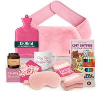 Coffret Cadeau Bouillote - Bouillotte eau Chaude Rose 1,5 L à Envelopper avec Chaussettes, Tasse, Bougie, Masque pour les Yeux et Livre de Coloriage avec Crayon