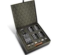 Coffret Cadeau Carafe à Whisky avec 4 Verres de Dégustation et 6 Pierres à Whiskey Artisanales en Granit - Somptueux Decanteur pour Cognac, Bourbon, Rhum - Magnifique Coffret Or à Chaud