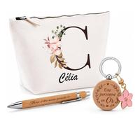 Coffret Cadeau Célia | Trousse Coton, Stylo Bambou Gravé et Porte-Clés Bois | 3 Pièces Prêtes à Offrir | Remerciement Anniversaire Noël