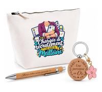 Coffret Cadeau Chargee de Recrutement C'est Juste la Meilleure Métier | Trousse Coton, Stylo Bambou Gravé et Porte-Clés Bois | 3 Pièces Prêtes à Offrir | Remerciement Anniversaire Noël