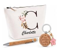 Coffret Cadeau Charlotte | Trousse Coton, Stylo Bambou Gravé et Porte-Clés Bois | 3 Pièces Prêtes à Offrir | Remerciement Anniversaire Noël