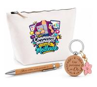 Coffret Cadeau Community Manager C'est Juste la Meilleure Métier | Trousse Coton, Stylo Bambou Gravé et Porte-Clés Bois | 3 Pièces Prêtes à Offrir | Remerciement Anniversaire Noël