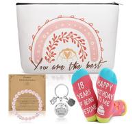 Coffret cadeau complet pour 18e anniversaire pour fille avec chaussettes personnalisées, trousse de maquillage, bracelet et porte-clés inspirant pour fille, petite-fille, amie, sœur de 18 ans