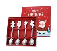 Coffret cadeau créatif de Noël - Cuillères à café en acier inoxydable avec motif bonhomme en pain d'épices de dessin animé, ensemble de boîtes de couleur festive, couverts de vacances cadeau pour