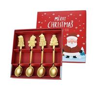 Coffret cadeau créatif de Noël - Cuillères à café en acier inoxydable avec motif bonhomme en pain d'épices de dessin animé, ensemble de boîtes de couleur festive, couverts de vacances cadeau pour