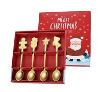 Coffret cadeau créatif de Noël - Cuillères à café en acier inoxydable avec motif bonhomme en pain d'épices de dessin animé, ensemble de boîtes de couleur festive, couverts de vacances cadeau pour