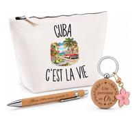 Coffret Cadeau Cuba c’est la Vie | Trousse Coton, Stylo Bambou Gravé et Porte-Clés Bois | 3 Pièces Prêtes à Offrir | Remerciement Voyageur Voyageuse Anniversaire Noël