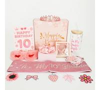 Coffret cadeau de 10e anniversaire pour filles - Coffret cadeau rose avec couronne, écharpe, verres moelleux, tasse en verre, autocollants et plus encore - Décorations d'anniversaire pour filles de 10