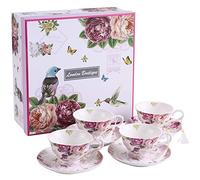 Coffret cadeau de 4 Tasses à café/thé avec soucoupes en porcelaine et motifs de fleurs, papillons et oiseaux, style rétro chic, Céramique, Bird Rose Butterfly, 11x8cm