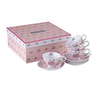 Coffret cadeau de 4 Tasses à café/thé avec soucoupes en porcelaine et motifs de fleurs, papillons et oiseaux, style rétro chic, Céramique, rose, 11x8cm