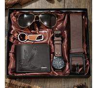 Coffret cadeau de 5 pièces incluant une montre de luxe pour entreprise, des lunettes de soleil, un portefeuille, une ceinture et un porte-clés. Cadeau parfait pour un petit ami le jour de la Saint-Val