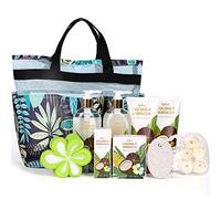 Coffret Cadeau de Bain pour Femmes avec Noix de Coco, 10Pcs avec Paniers de Spa Compris Bain Moussant, Lotion pour le Corps, la Fête des Mères, anniversaire