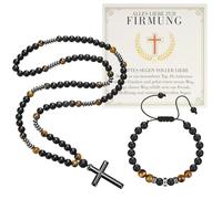 Coffret cadeau de baptême pour garçon, bracelet œil de tigre + pendentif en forme de croix, carte de vœux et carte cadeau - Pour adolescents/garçons, confirmation, communion, diplôme, anniversaire