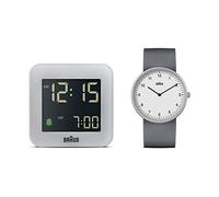 Coffret cadeau de Braun - Montre analogique à quartz à 2 aiguilles avec bracelet en caoutchouc de silicone gris et réveil numérique de voyage de Braun en gris, modèle BN0231WHGYG, BC08G (2 Pack)
