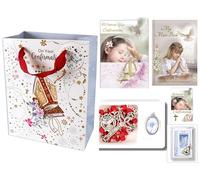 Coffret cadeau de confirmation pour fille, chapelet, livre de messe, carte de vœux, carte de prière, jeton de poche, badge dans un sac cadeau. Cadeau complet pour enfant Sacrement féminin.