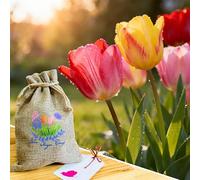 Coffret cadeau de fête des mères - 5 tulipes hybrides Darwin mixtes dans une pochette cadeau rustique en toile de jute avec étiquette personnalisée - Plante florale d'extérieur - Cadeau floral pour