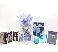 Coffret cadeau de luxe pour lui, Cool Blue 100 ml Eau de toilette pour homme, kit d'outils de manucure 6 pièces bougies parfumées panier cadeau