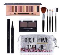 Coffret cadeau de maquillage tout-en-un - Palette de 12 couleurs d'ombre à paupières, crayon noir étanche + kit de poudre à sourcils Duo pressée + 5 pinceaux et trousse de maquillage argent Quicksand