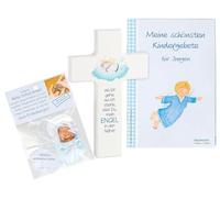 Coffret cadeau de naissance pour garçon avec croix enfant (15 x 9 cm) et adorable ange gardien