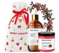 Coffret cadeau de Noël pour femme - Kit de soin du corps avec gommage au sucre et huile d'amande dans une pochette cadeau festive - Idée cadeau bien-être et beauté pour maman, petite amie ou
