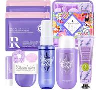 Coffret cadeau de soins pour femme (12 pièces) ,Comprend une brume parfumée, un gel douche, crème les mains, le corps, baume à lèvres, 4 masques yeux, savon en forme coquillage et élastique cheveux
