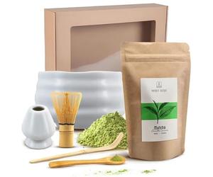 Coffret cadeau d'infusion de thé Matcha | Thé japonais Mary Rose | Accessoires d'infusion de Matcha: chawan, kusenaoshi, chasen, chashaku | 100g