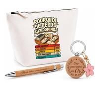 Coffret Cadeau Dominos Pourquoi Je perds | Trousse Coton, Stylo Bambou Gravé et Porte-Clés Bois | 3 Pièces Prêtes à Offrir | Remerciement Anniversaire Noël