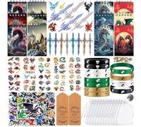 Coffret cadeau Dragon Party avec mini carnets, épée, tatouages temporaires, bracelets en silicone, autocollants, sacs en organza et étiquettes pour cartes pour fête d'anniversaire dragon, fournitures