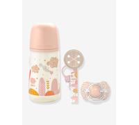 Suavinex, Coffret Cadeau Nouveau-Né SX Pro, pour Bébés 0-6 Mois. Contient un Biberon Débit Moyen (M) 270 ml + Sucette SX Pro en Silicone 0/6 Mois + Attache - Sucette avec Ruban. Coffret Biberon Rose
