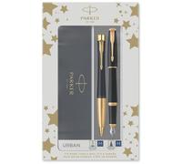 Parker Urban Duo coffret-cadeau avec stylo bille et stylo plume | finition laquée noire pâle avec attributs or | recharge et cartouche d’encre bleue | coffret-cadeau