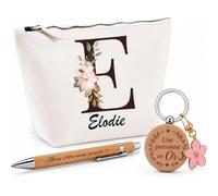 Coffret Cadeau Elodie | Trousse Coton, Stylo Bambou Gravé et Porte-Clés Bois | 3 Pièces Prêtes à Offrir | Remerciement Anniversaire Noël
