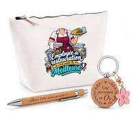 Coffret Cadeau Employee de Restauration C'est Juste la Meilleure Métier | Trousse Coton, Stylo Bambou Gravé et Porte-Clés Bois | 3 Pièces Prêtes à Offrir | Remerciement Anniversaire Noël