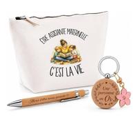 Coffret Cadeau Être Assistante Maternelle C'est la Vie | Trousse Coton, Stylo Bambou Gravé et Porte-Clés Bois | 3 Pièces Prêtes à Offrir | Remerciement Nounou Anniversaire Noël