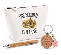 Coffret Cadeau Être Menuisier C'est la Vie | Trousse Coton, Stylo Bambou Gravé et Porte-Clés Bois | 3 Pièces Prêtes à Offrir | Remerciement Artisan Anniversaire Noël