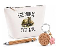 Coffret Cadeau Être Militaire C'est la Vie | Trousse Coton, Stylo Bambou Gravé et Porte-Clés Bois | 3 Pièces Prêtes à Offrir | Remerciement Soldat Anniversaire Noël