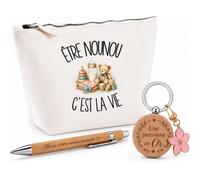 Coffret Cadeau Être Nounou C'est la Vie | Trousse Coton, Stylo Bambou Gravé et Porte-Clés Bois | 3 Pièces Prêtes à Offrir | Remerciement Assistante Maternelle Anniversaire Noël