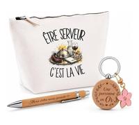 Coffret Cadeau Être Serveur C'est la Vie | Trousse Coton, Stylo Bambou Gravé et Porte-Clés Bois | 3 Pièces Prêtes à Offrir | Remerciement Barman Anniversaire Noël