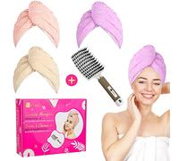 Coffret Cadeau Femme (4 pces),KEYRID Fete des Meres, Anniversaire, Mariage 3 Serviettes Microfibre Cheveux absorbantes, séchage Rapide + 1 Brosse démêlante en Poils de Sanglier