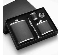 Coffret cadeau flasque personnalisé 8 oz + 3 oz, cuir noir avec gobelet à liqueur en acier inoxydable, stylo signature, entonnoir - pour hommes cadeaux de fête des pères